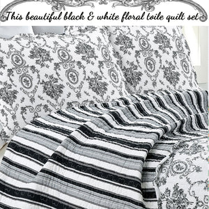 French Medallion Black Scalloped Edge Cotton 3-piece Reversible Quilt Bedding Set