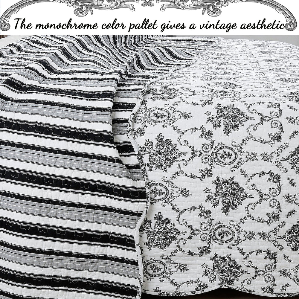 French Medallion Black Scalloped Edge Cotton 3-piece Reversible Quilt Bedding Set