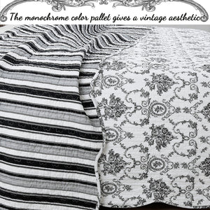 French Medallion Black Scalloped Edge Cotton 3-piece Reversible Quilt Bedding Set
