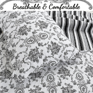 French Medallion Black Scalloped Edge Cotton 3-piece Reversible Quilt Bedding Set