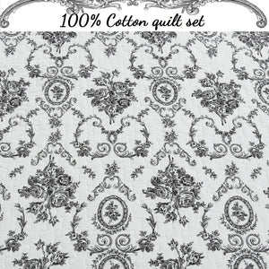 French Medallion Black Scalloped Edge Cotton 3-piece Reversible Quilt Bedding Set