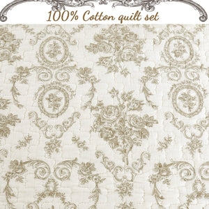French Medallion Ivory Scalloped Edge Cotton 3-piece Reversible Quilt Bedding Set
