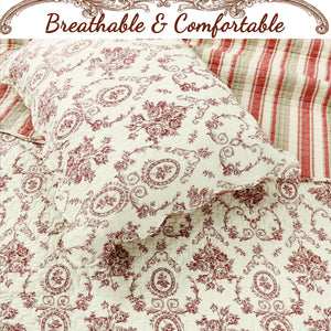 French Medallion Red Scalloped Edge Cotton 3-piece Reversible Quilt Bedding Set