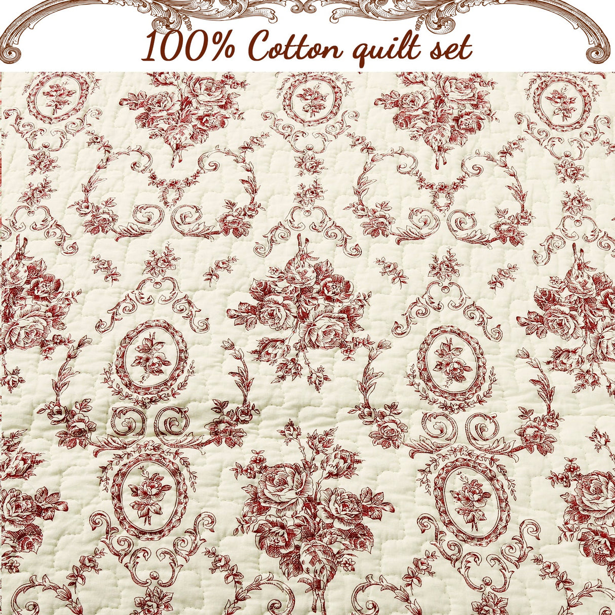 French Medallion Red Scalloped Edge Cotton 3-piece Reversible Quilt Bedding Set