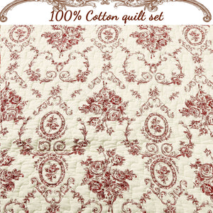 French Medallion Red Scalloped Edge Cotton 3-piece Reversible Quilt Bedding Set