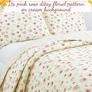 Pink Rose Garden Floral Cotton 3-piece Reversible Quilt Bedding Set