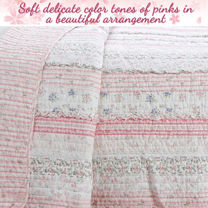 Romantic Chic Lace Ruffle Pink Real Patchwork Cotton Reversible Quilt Bedding Set