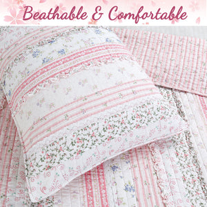 Romantic Chic Lace Ruffle Pink Real Patchwork Cotton Reversible Quilt Bedding Set