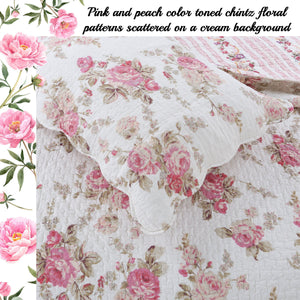 Spring Rose Floral Scalloped 3-Piece Cotton Reversible Quilt Bedding Set