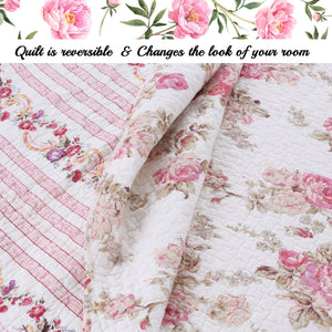Spring Rose Floral Scalloped 3-Piece Cotton Reversible Quilt Bedding Set
