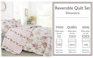 Spring Rose Floral Scalloped 3-Piece Cotton Reversible Quilt Bedding Set