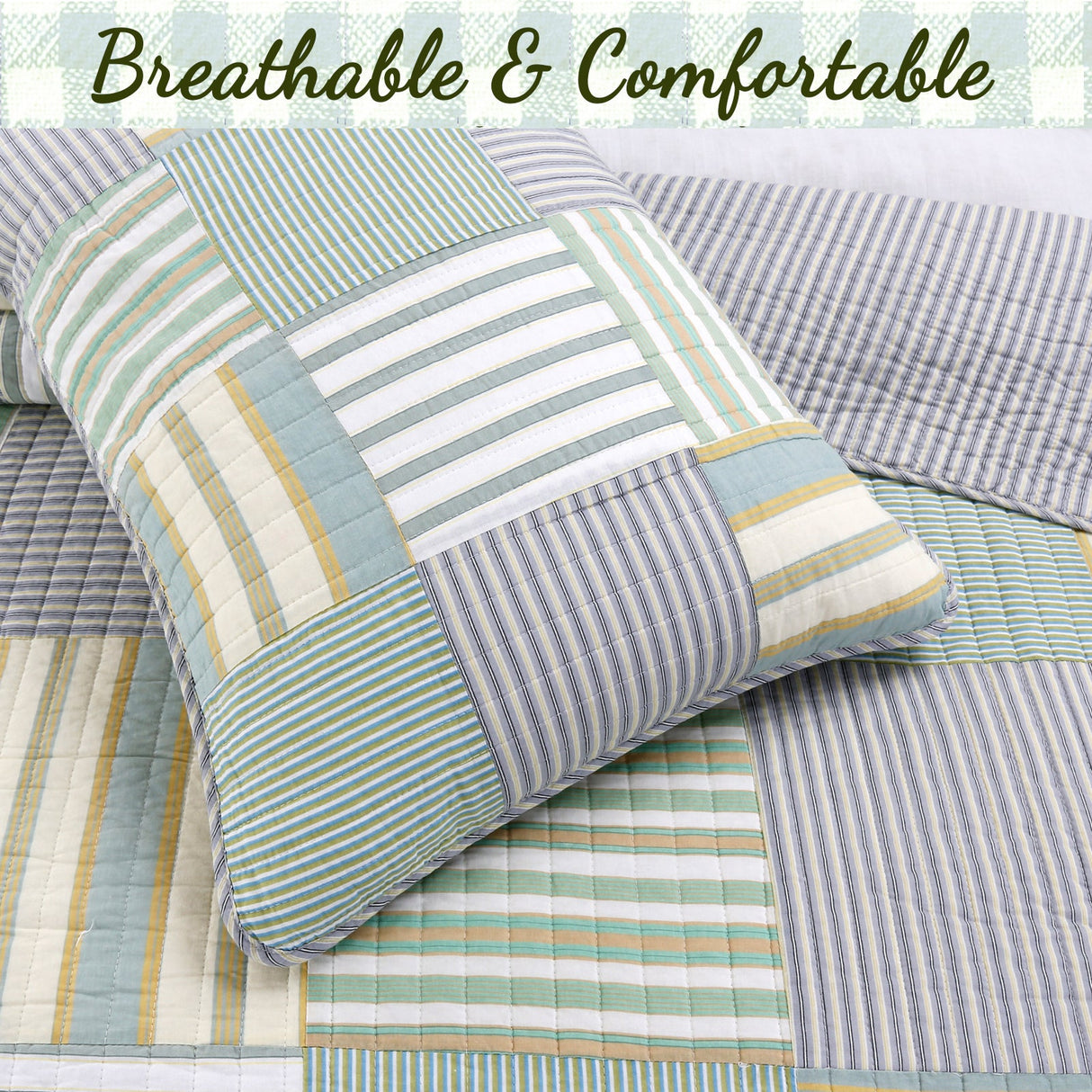 Spa Striped Real Patchwork Cotton Reversible Quilt Bedding Set