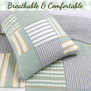 Spa Striped Real Patchwork Cotton Reversible Quilt Bedding Set