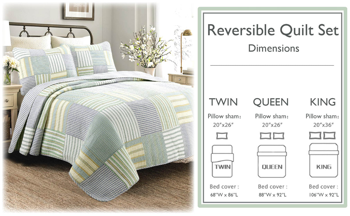 Spa Striped Real Patchwork Cotton Reversible Quilt Bedding Set