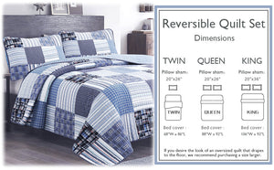 Daniel Stripe Plaid Blue Real Patchwork Cotton Reversible Quilt Bedding Set
