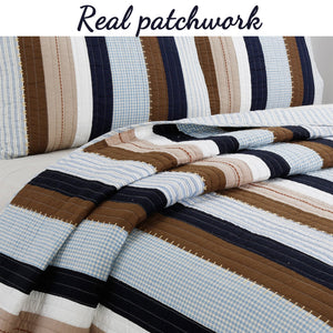 Nathan Stripe Blue Brown Real Patchwork Cotton Reversible Quilt Bedding Set