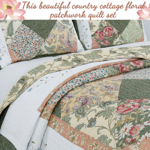Grace Forest Green Real Patchwork Embroidered Scalloped Edge 3-Piece Cotton Reversible Quilt Bedding Set