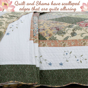Grace Forest Green Real Patchwork Embroidered Scalloped Edge 3-Piece Cotton Reversible Quilt Bedding Set