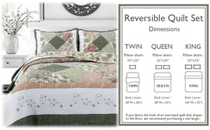 Grace Forest Green Real Patchwork Embroidered Scalloped Edge 3-Piece Cotton Reversible Quilt Bedding Set