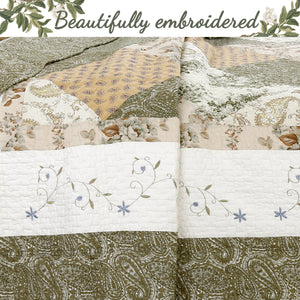 Grace Sage Green Real Patchwork Embroidered Scalloped Edge Cotton Reversible Quilt Bedding Set