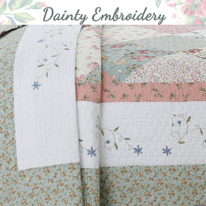 Grace Celadon Real Patchwork Embroidered Scalloped Edge Cotton Reversible Quilt Bedding Set