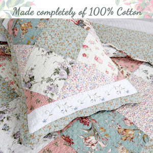 Grace Celadon Real Patchwork Embroidered Scalloped Edge Cotton Reversible Quilt Bedding Set
