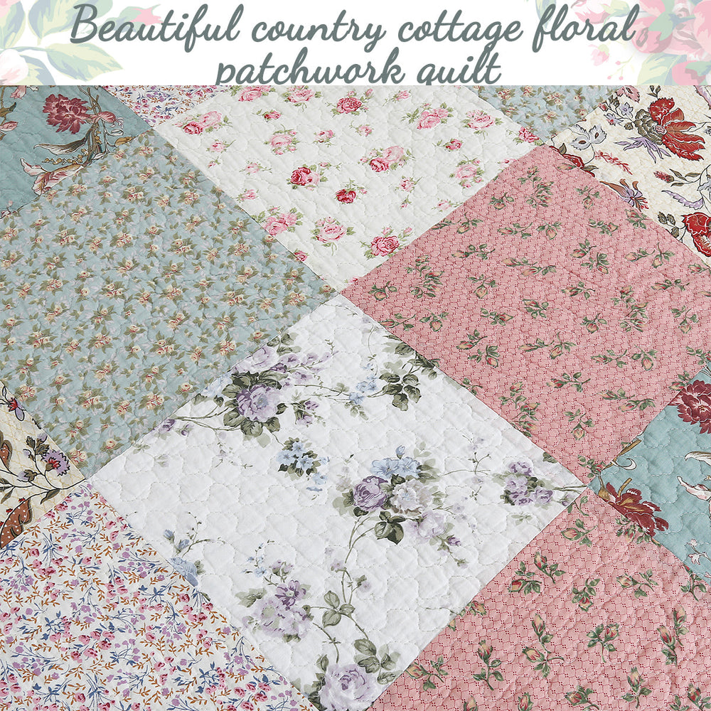 Grace Celadon Real Patchwork Embroidered Scalloped Edge Cotton Reversible Quilt Bedding Set