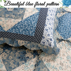 Moyers Blue Ruffle Real Patchwork Scalloped Edge Cotton 3-Piece Reversible Quilt Bedding Set