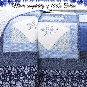 Moyle Blue Real Patchwork Embroidered Floral Ruffle Cotton 3-Piece Reversible Quilt Bedding Set
