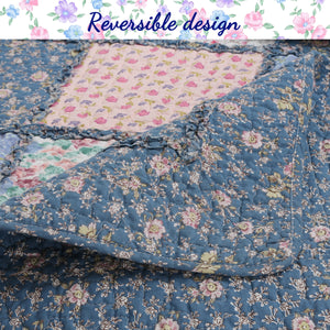 Mraz Blue Pink Ruffle Real Patchwork Cotton 3-Piece Reversible Quilt Bedding Set
