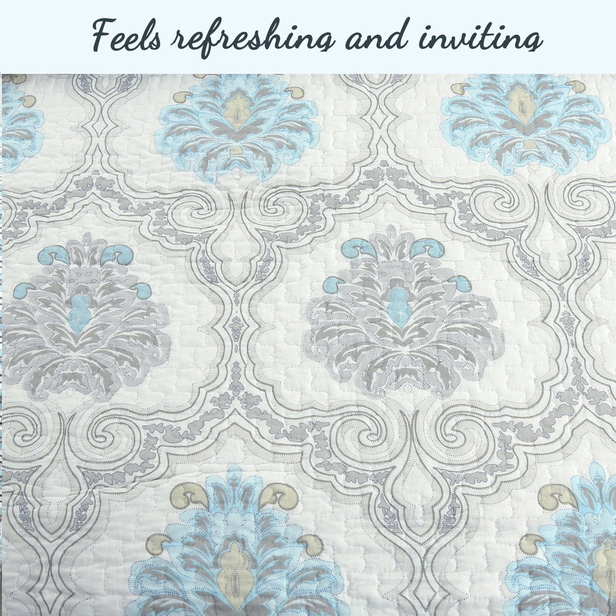 Blue Floral Medallion Cotton 3-Piece Reversible Quilt Bedding Set