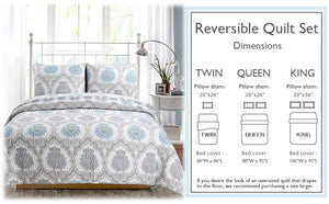Blue Floral Medallion Cotton 3-Piece Reversible Quilt Bedding Set