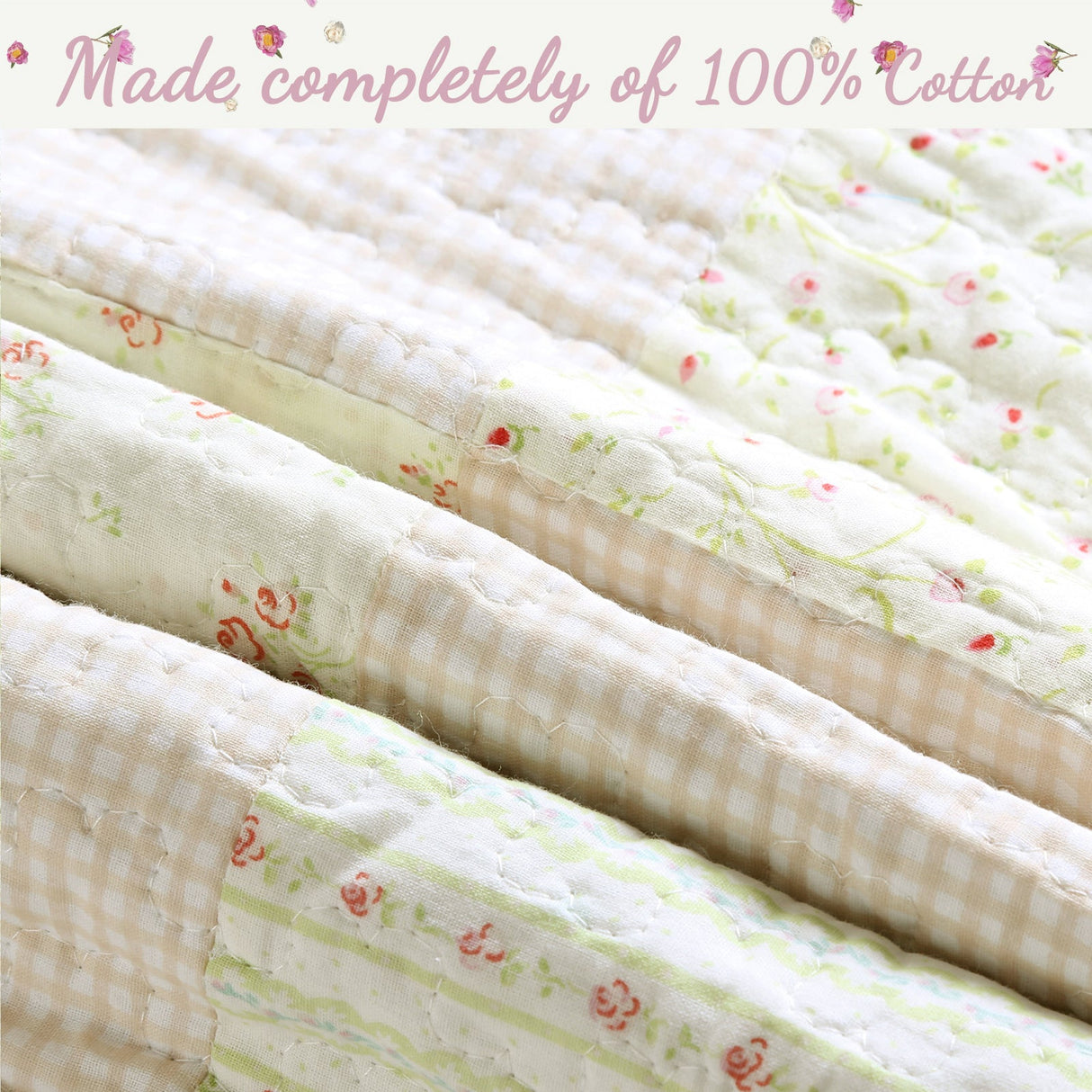 Sweet Peach Pink Floral Ruffle Scalloped Real Patchwork Cotton Reversible Quilt Bedding Set