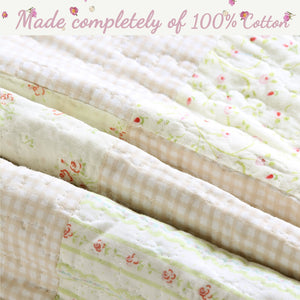 Sweet Peach Pink Floral Ruffle Scalloped Real Patchwork Cotton Reversible Quilt Bedding Set