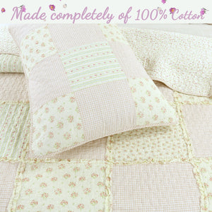 Sweet Peach Pink Floral Ruffle Scalloped Real Patchwork Cotton Reversible Quilt Bedding Set