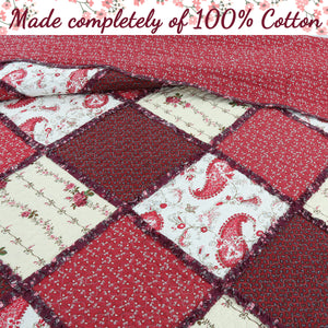 Pineiro Red Floral Real Patchwork Cotton 3-Piece Reversible Quilt Bedding Set