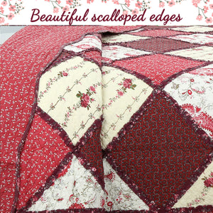 Pineiro Red Floral Real Patchwork Cotton 3-Piece Reversible Quilt Bedding Set