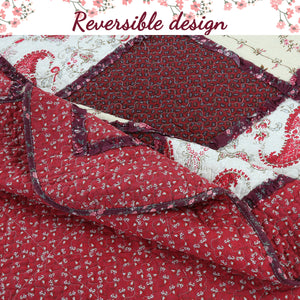 Pineiro Red Floral Real Patchwork Cotton 3-Piece Reversible Quilt Bedding Set