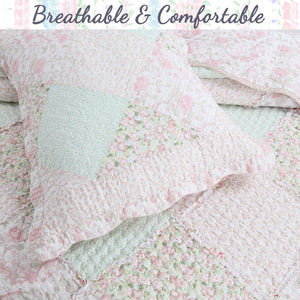 Banner Pink Floral Ruffle Real Patchwork Scalloped Edge Cotton Reversible Quilt Bedding Set