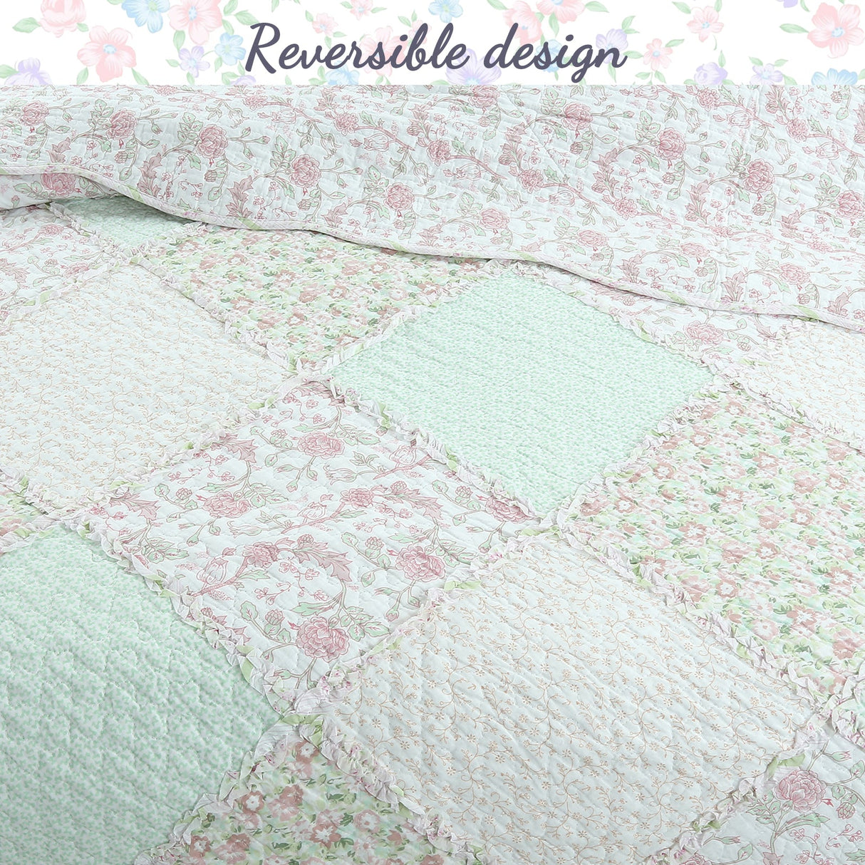Banner Pink Floral Ruffle Real Patchwork Scalloped Edge Cotton Reversible Quilt Bedding Set