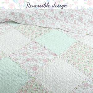 Banner Pink Floral Ruffle Real Patchwork Scalloped Edge Cotton Reversible Quilt Bedding Set