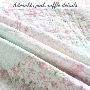 Banner Pink Floral Ruffle Real Patchwork Scalloped Edge Cotton Reversible Quilt Bedding Set
