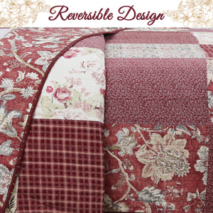 Stockwood Red Real Patchwork 3-Piece Cotton Reversible Quilt Bedding Set
