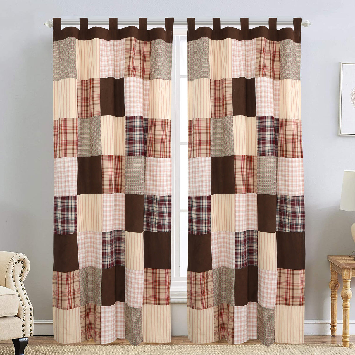 Jakob Plaid Brody Brown Striped Patchwork Window Curtain Panel/Drapes