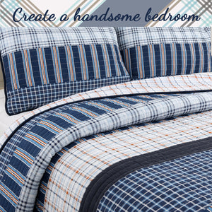 Salina Navy Stripped Plaid Print Patchwork Cotton Reversible Quilt Bedding Set