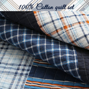 Salina Navy Stripped Plaid Print Patchwork Cotton Reversible Quilt Bedding Set