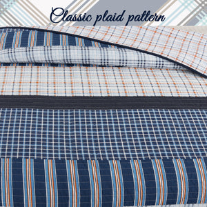 Salina Navy Stripped Plaid Print Patchwork Cotton Reversible Quilt Bedding Set