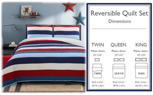 Ressler Navy Blue Red Stripe Real Patchwork Cotton Reversible Quilt Bedding Set
