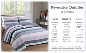 Safira Striped Purple 3-Piece Cotton Reversible Quilt Bedding Set