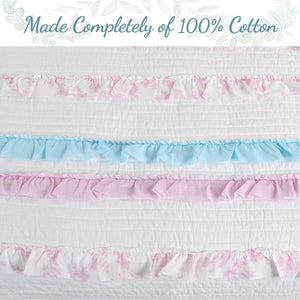 Devers Ruffles White Pink Blue Cotton Reversible Quilt Bedding Set